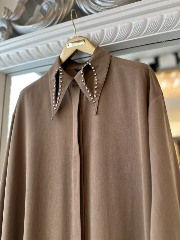 İNVEE 7057 Modal Kumaş Uzun Gömlek/Kap - Kahverengi