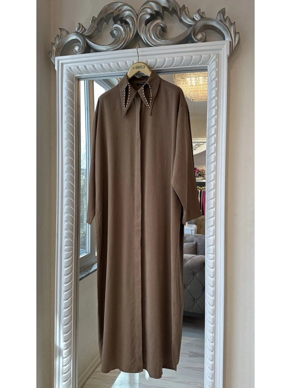 İNVEE 7057 Modal Kumaş Uzun Gömlek/Kap - Kahverengi