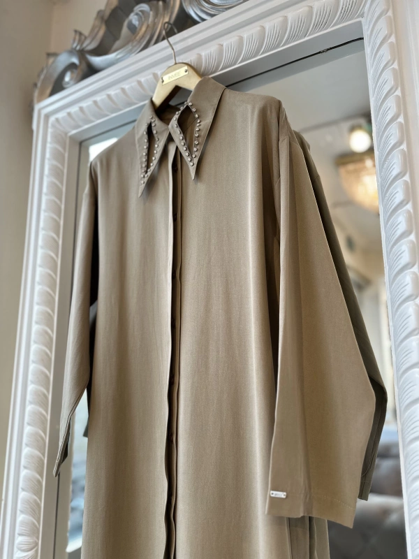 İNVEE 7057 Modal Kumaş Uzun Gömlek/Kap - Bej