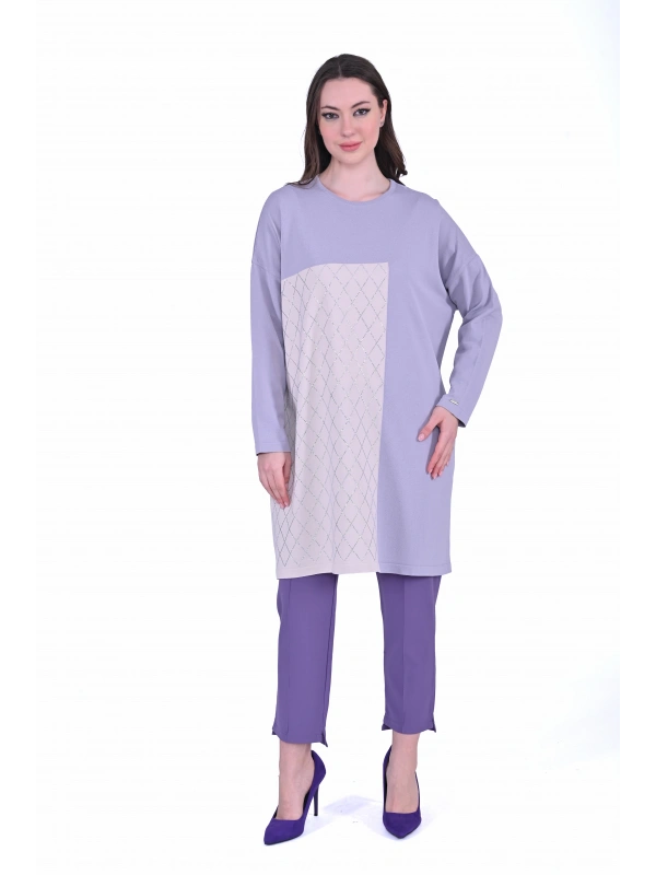 İNVEE 7062 Taş Baskılı Triko Tunik - Lila