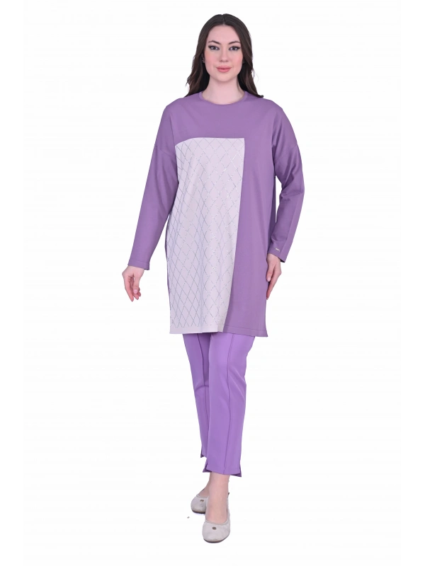 İNVEE 7062 Taş Baskılı Triko Tunik - Mor