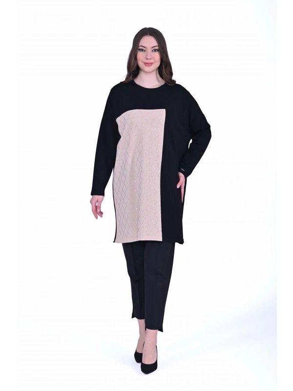 İNVEE 7062 Taş Baskılı Triko Tunik - Siyah