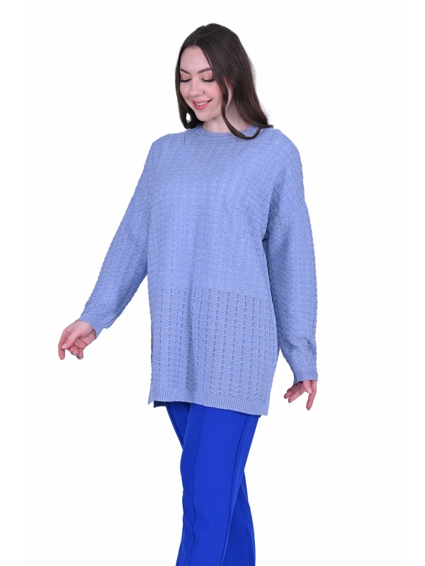 İNVEE 7063 Simli Mavi Triko Tunik