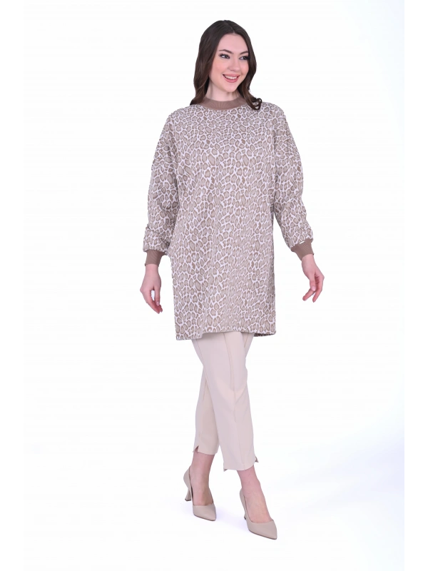 İNVEE 7067 Leopar Desenli Bej Tunik