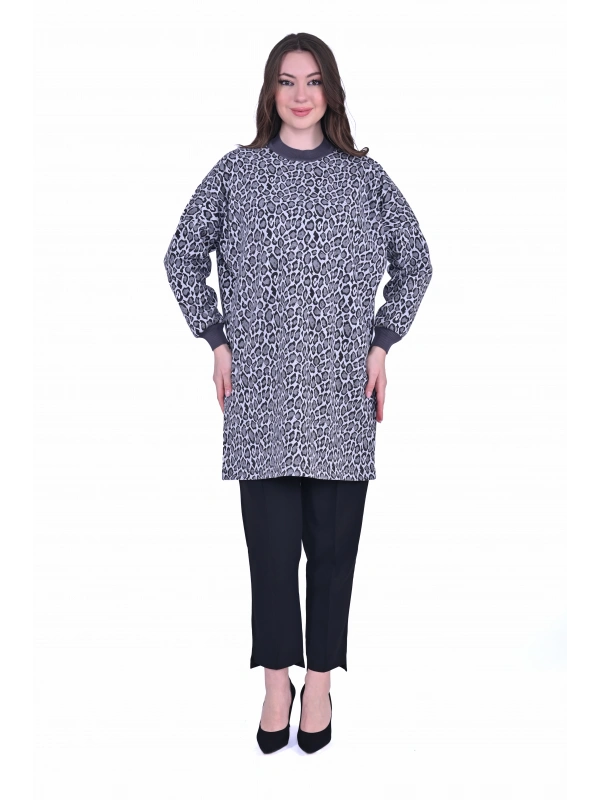 İNVEE 7067 Leopar Desenli Siyah Tunik