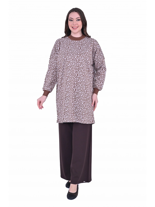 İNVEE 7067 Leopar Desenli Kahverengi Tunik