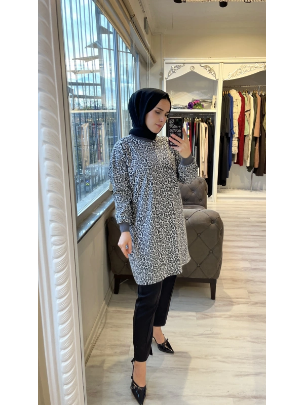 İNVEE 7067 Leopar Desenli Antrasit Tunik