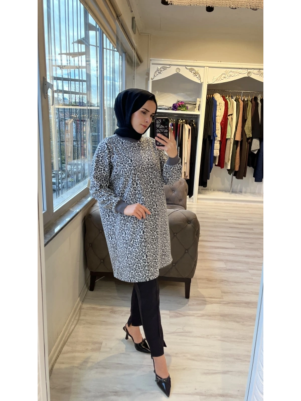 İNVEE 7067 Leopar Desenli Antrasit Tunik