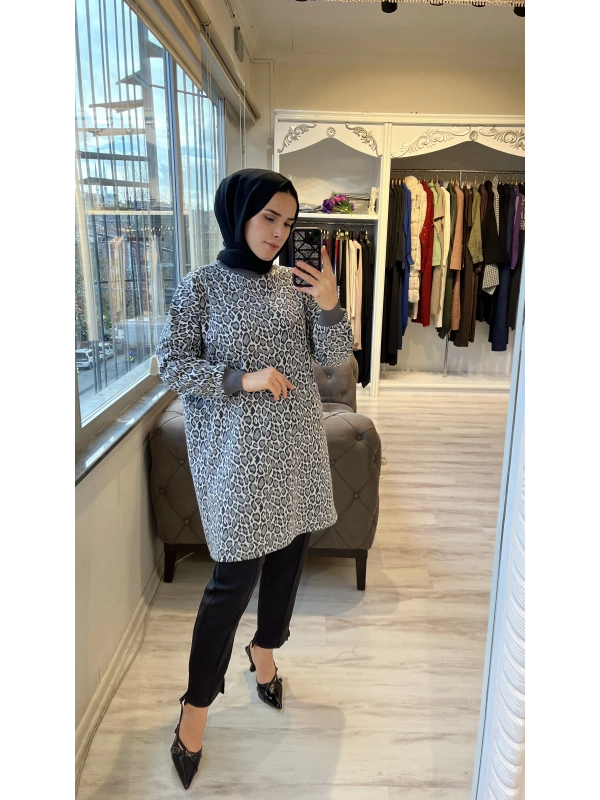 İNVEE 7067 Leopar Desenli Antrasit Tunik