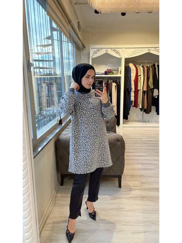 İNVEE 7067 Leopar Desenli Antrasit Tunik