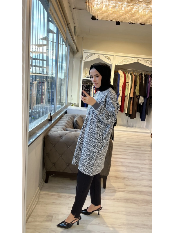 İNVEE 7067 Leopar Desenli Antrasit Tunik