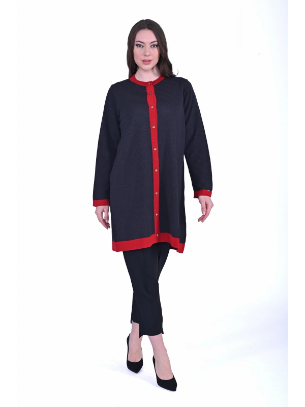 İNVEE 7068 Yün Karışımlı Antrasit-Kırmızı Hırka