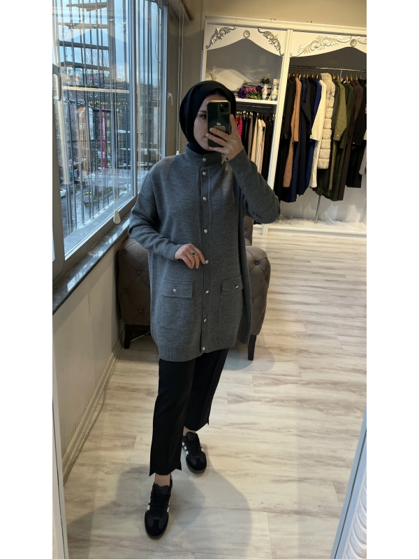 İNVEE 7070 Yün Karışımlı Triko Hırka - Gri