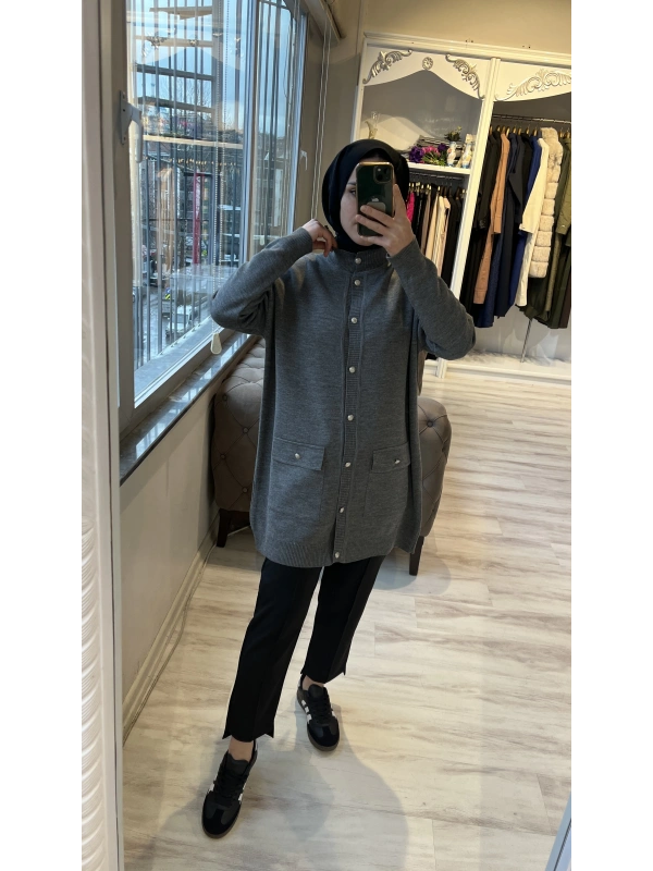 İNVEE 7070 Yün Karışımlı Triko Hırka - Gri