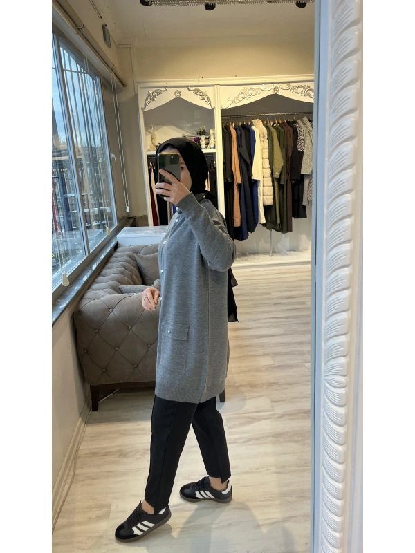 İNVEE 7070 Yün Karışımlı Triko Hırka - Gri