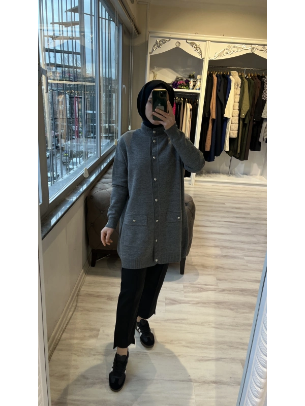 İNVEE 7070 Yün Karışımlı Triko Hırka - Gri