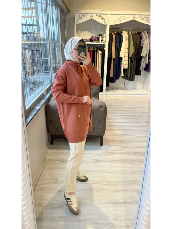 İNVEE 7070 Yün Karışımlı Triko Hırka - Kiremit