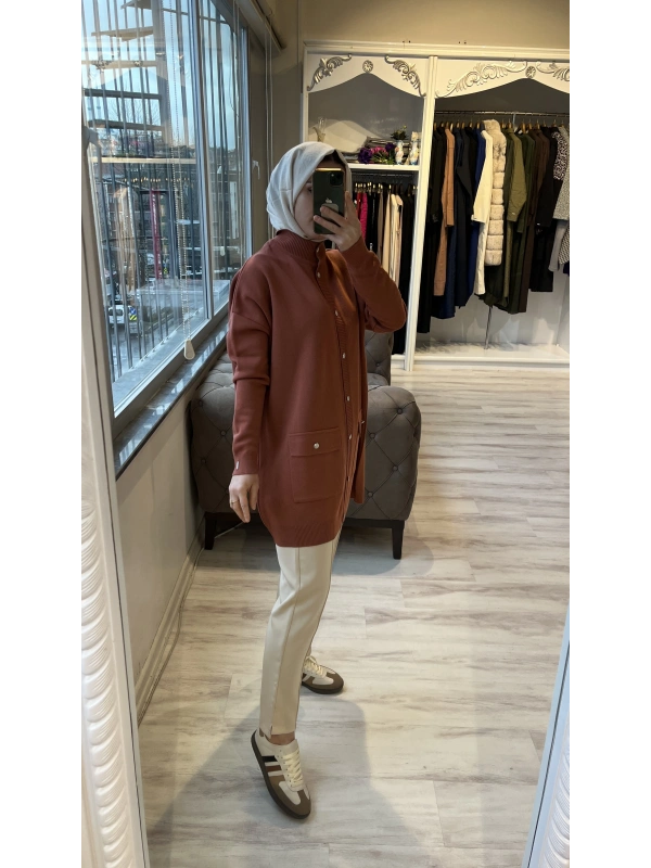 İNVEE 7070 Yün Karışımlı Triko Hırka - Kiremit