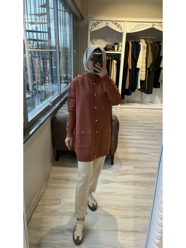 İNVEE 7070 Yün Karışımlı Triko Hırka - Kiremit