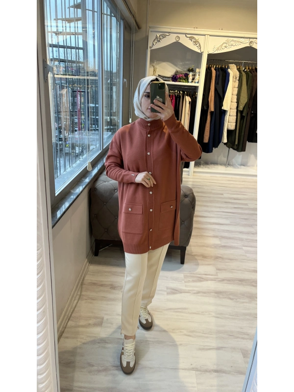 İNVEE 7070 Yün Karışımlı Triko Hırka - Kiremit