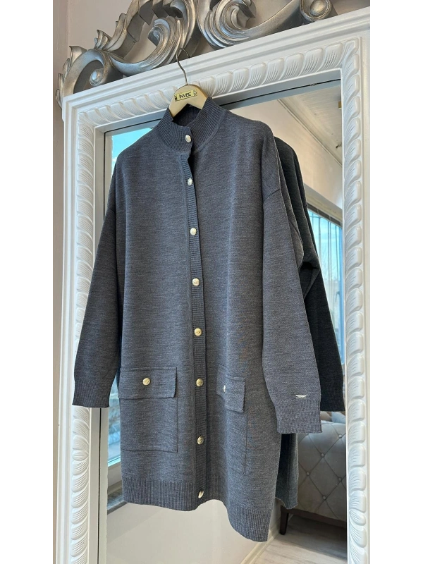 İNVEE 7070 Yün Karışımlı Triko Hırka - Gri