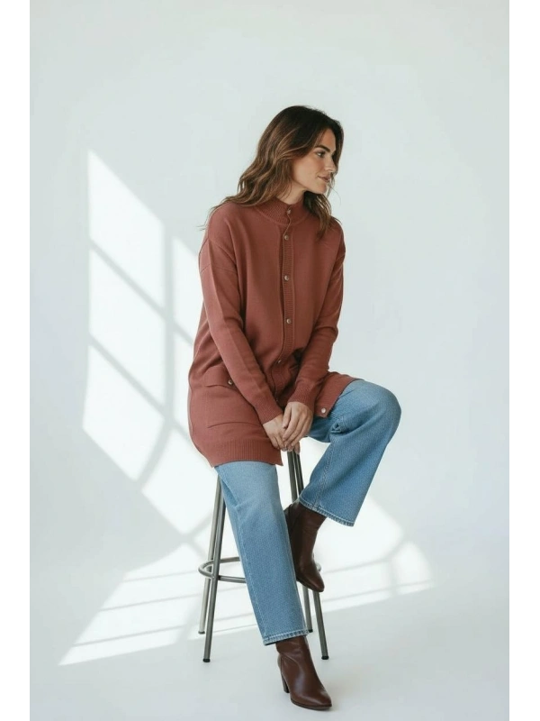 İNVEE 7070 Yün Karışımlı Triko Hırka - Kiremit