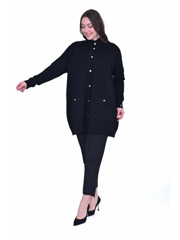 İNVEE 7070 Yün Karışımlı Triko Hırka - Siyah