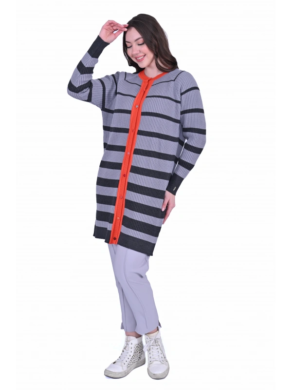 İNVEE 7075 Yün Karışımlı Renk Bloklu Hırka - Antrasit