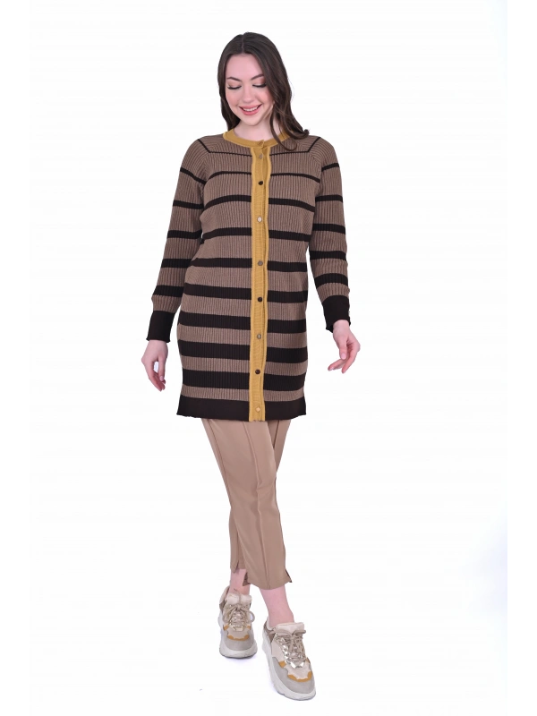 İNVEE 7075 Yün Karışımlı Renk Bloklu Hırka - Kahve