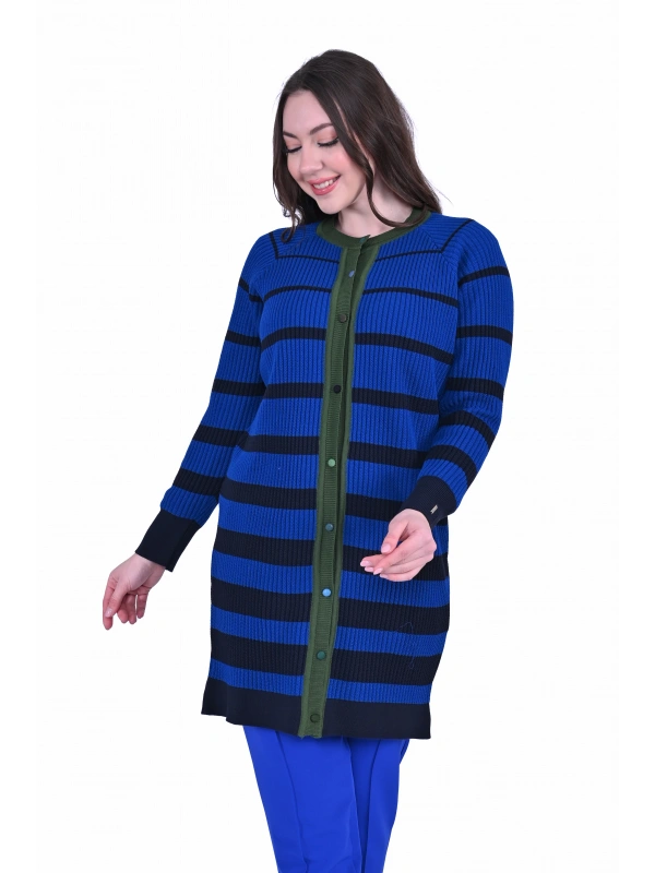 İNVEE 7075 Yün Karışımlı Renk Bloklu Hırka - Sax