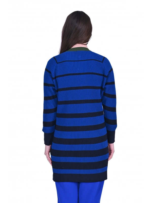 İNVEE 7075 Yün Karışımlı Renk Bloklu Hırka - Sax