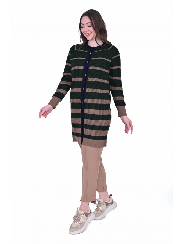 İNVEE 7075 Yün Karışımlı Renk Bloklu Hırka - Yeşil