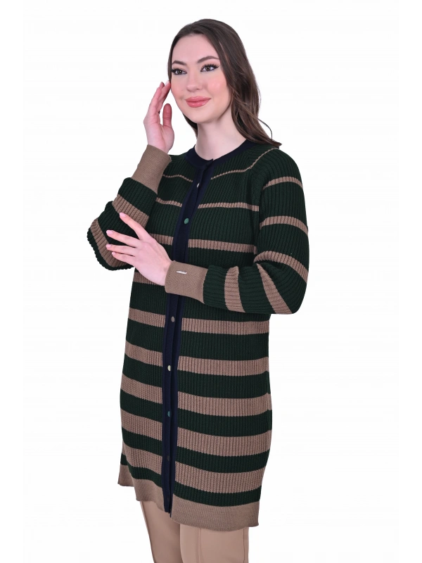 İNVEE 7075 Yün Karışımlı Renk Bloklu Hırka - Yeşil