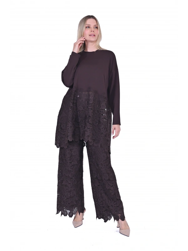 İNVEE 7078 Dantelli Takım - Kahverengi