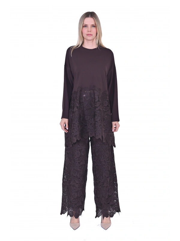 İNVEE 7078 Dantelli Takım - Kahverengi