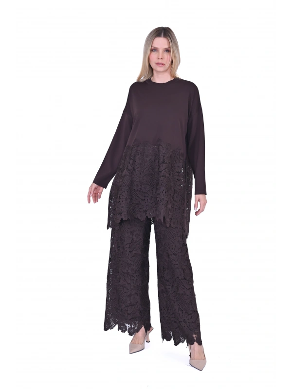 İNVEE 7078 Dantelli Takım - Kahverengi