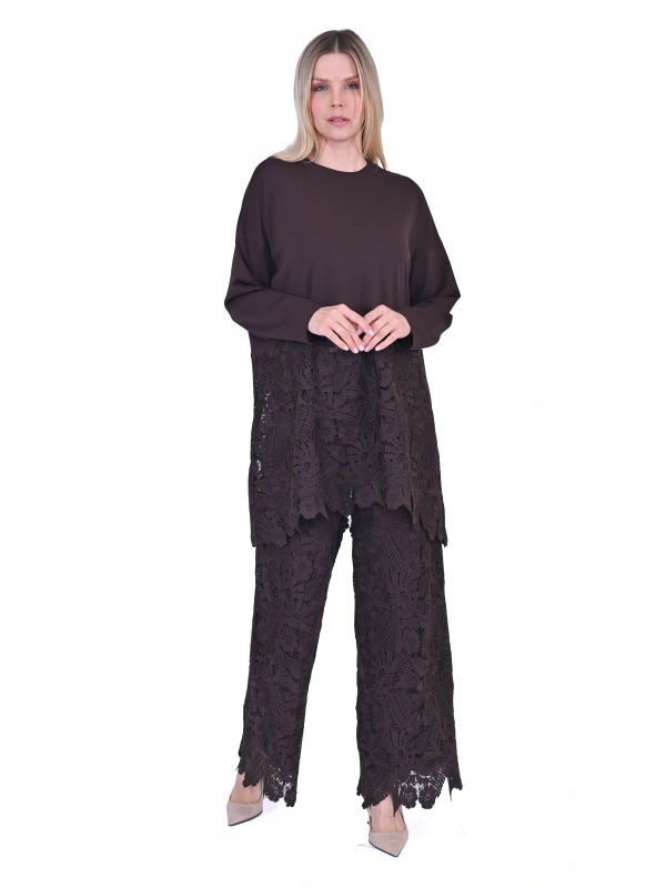 İNVEE 7078 Dantelli Takım - Kahverengi