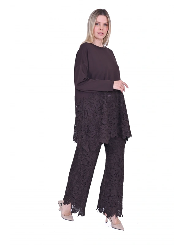 İNVEE 7078 Dantelli Takım - Kahverengi