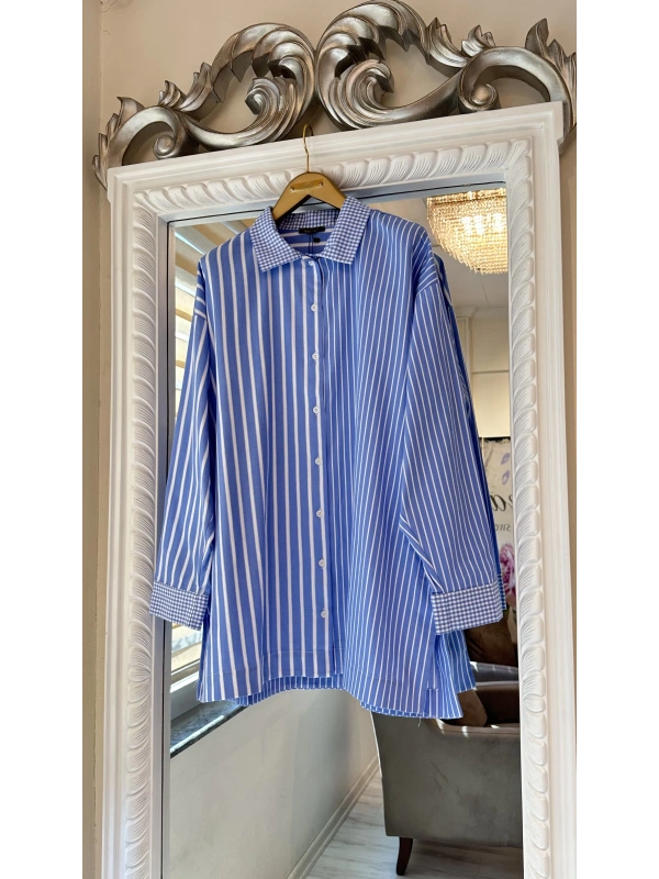 İNVEE Çizgili Pamuk Gömlek - Mavi