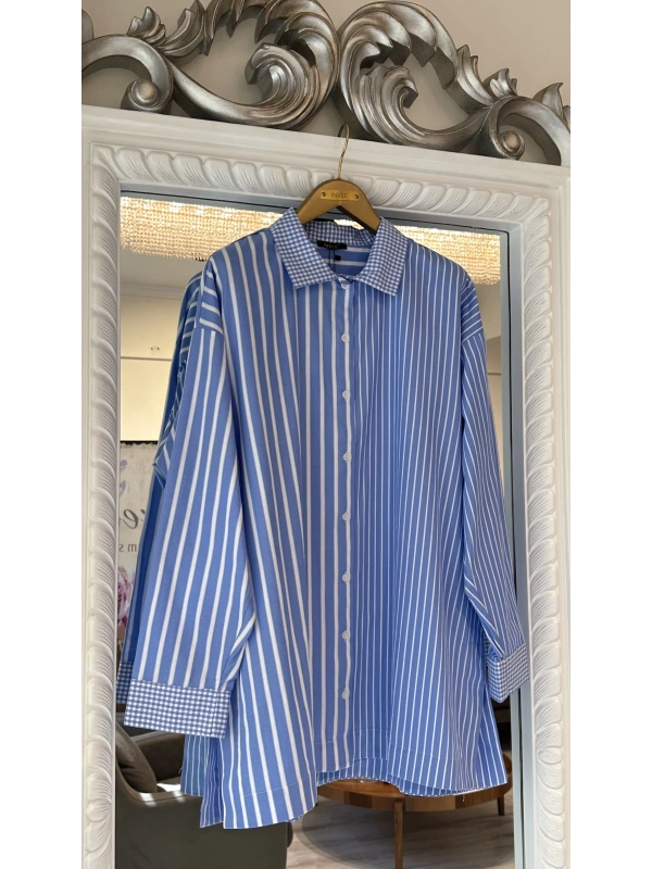 İNVEE Çizgili Pamuk Gömlek - Mavi