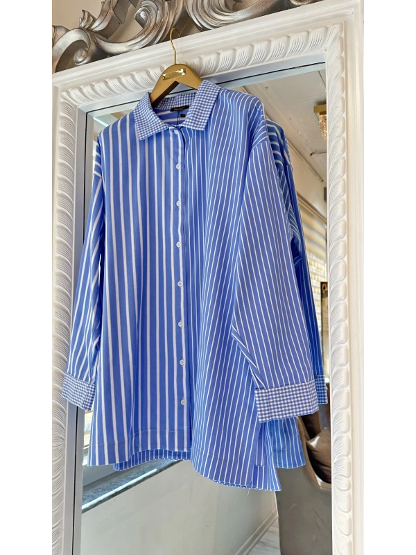 İNVEE Çizgili Pamuk Gömlek - Mavi