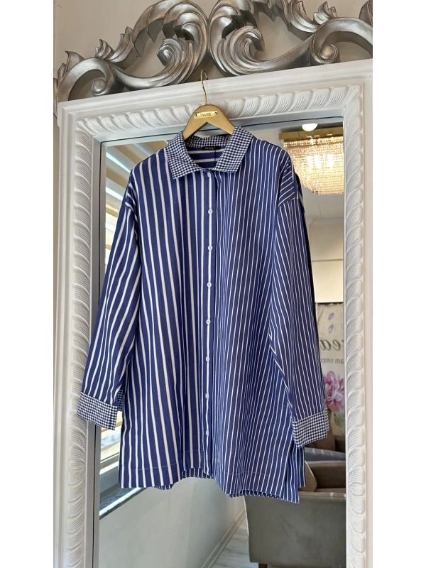 İNVEE Çizgili Pamuk Gömlek - Lacivert