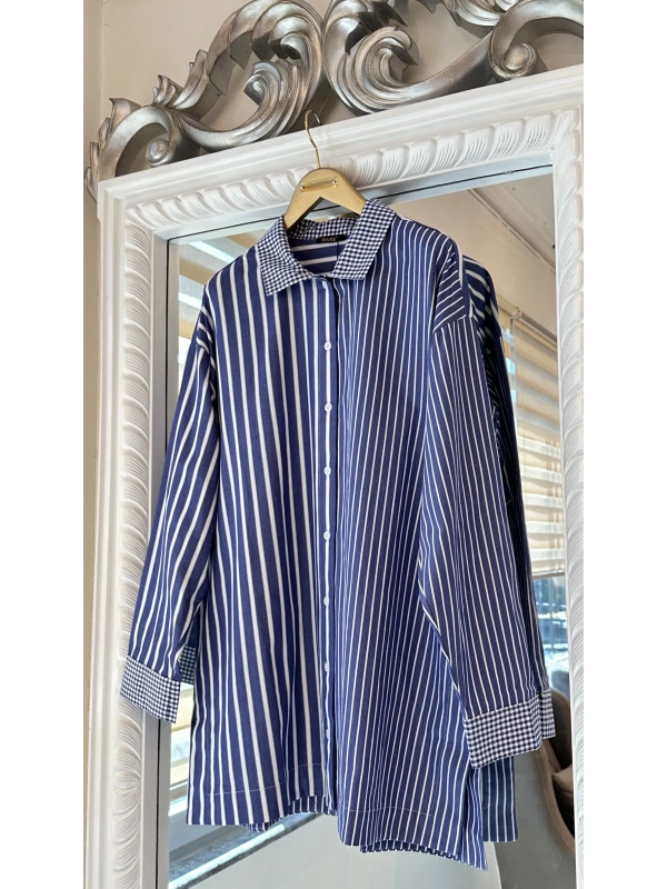 İNVEE Çizgili Pamuk Gömlek - Lacivert