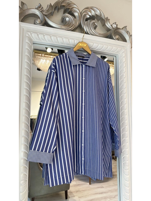 İNVEE Çizgili Pamuk Gömlek - Lacivert