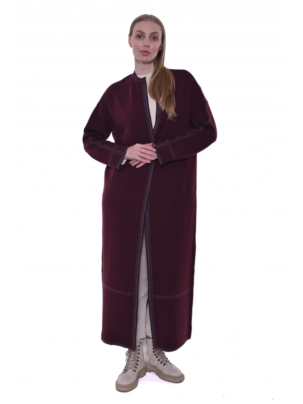 İNVEE 7083 Yün Karışımlı Uzun Hırka - Bordo