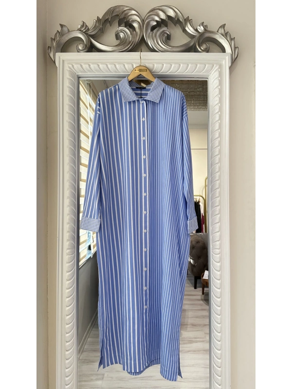 İNVEE Çizgili Uzun Gömlek - Mavi