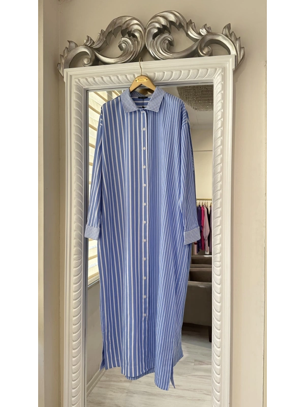 İNVEE Çizgili Uzun Gömlek - Mavi