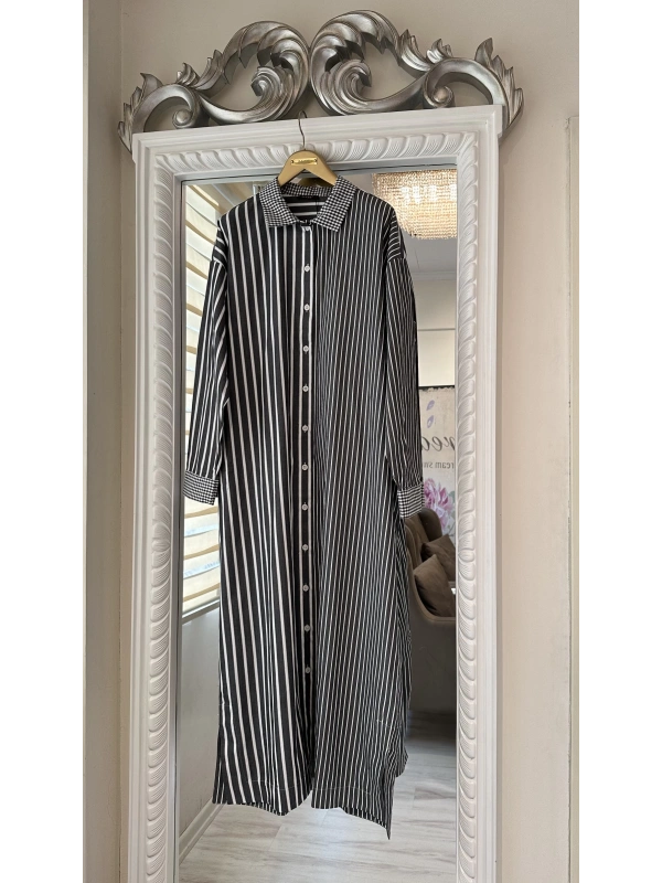 İNVEE Çizgili Uzun Gömlek - Siyah