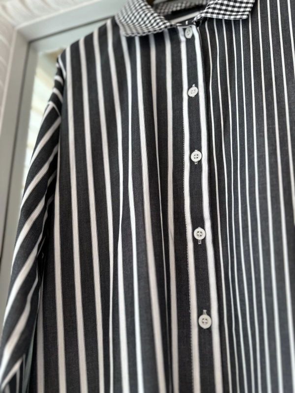 İNVEE Çizgili Uzun Gömlek - Siyah