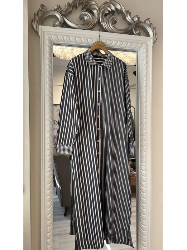 İNVEE Çizgili Uzun Gömlek - Siyah